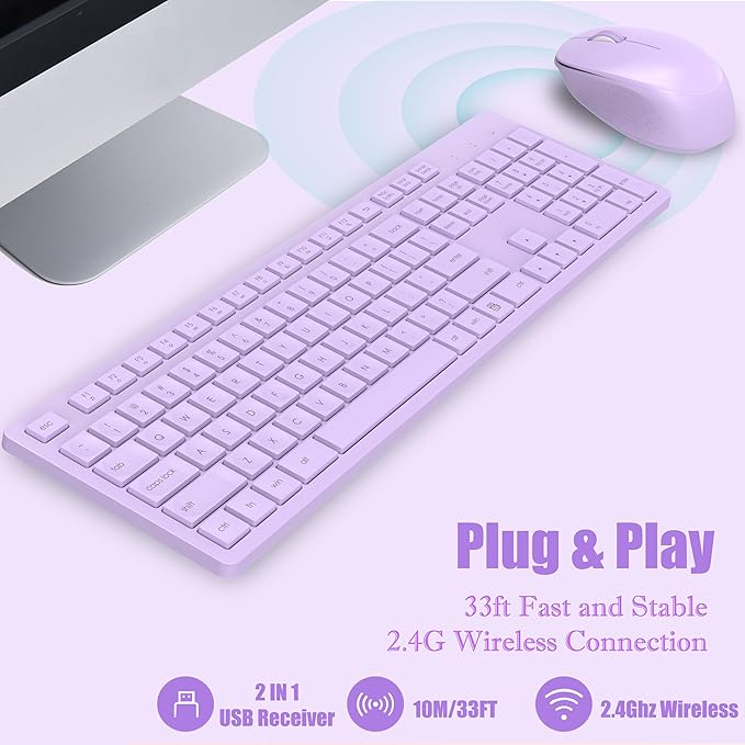 LeadsaiL Purple Wireless Keyboard and Mouse Combo, Full-Sized Ergonomic Computer Keyboard, 2.4GHz USB Cordless Keyboard Silent Mouse Set, 12 FN Shortcuts for Windows MacOS Laptop Computer