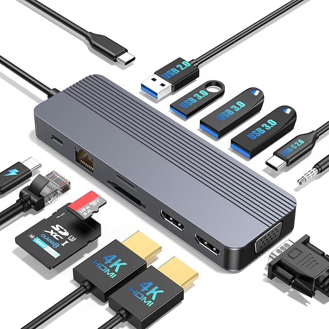 Docking Station 3 Monitors for HP/Dell/Lenovo/MacBook Laptop,13 in 1 USB C Hub, Computer Docking Station for Laptop with Dual HDMI,VGA,USB 3.0,Fast Charging Port,SD/TF Card Reader,3.5mm Audio