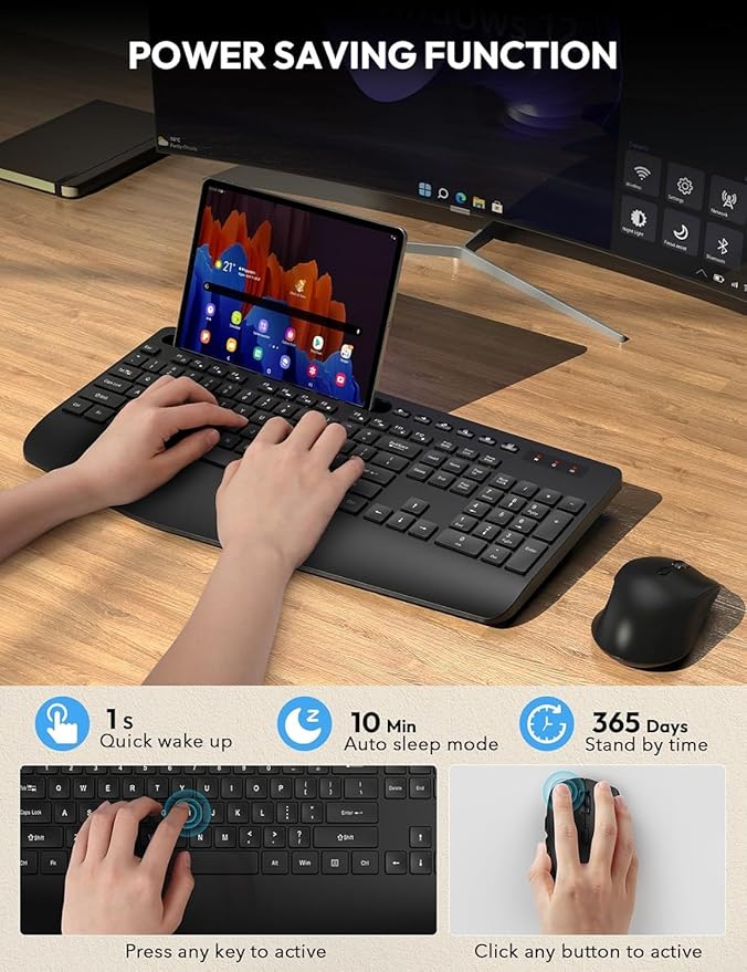 Wireless Keyboard and Mouse Combo - Full Size Ergonomic Wrist Rest, Silent Typing, Phone Holder, 2.4 GHz, 3 Level DPI, Batteries Powered, KM23D Set Compatible with PC, Laptop, Windows, macOS -SABLUTE