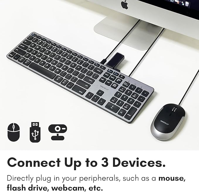 Macally Premium Wired USB C Keyboard with USB Ports - Connect Up to 3 Devices - (2X USB-A |1x USB-C Ports) - Wired Keyboard for Mac Mini/Pro, iMac, Macbook, iPad, and PC - Full Size Type-C Keyboard