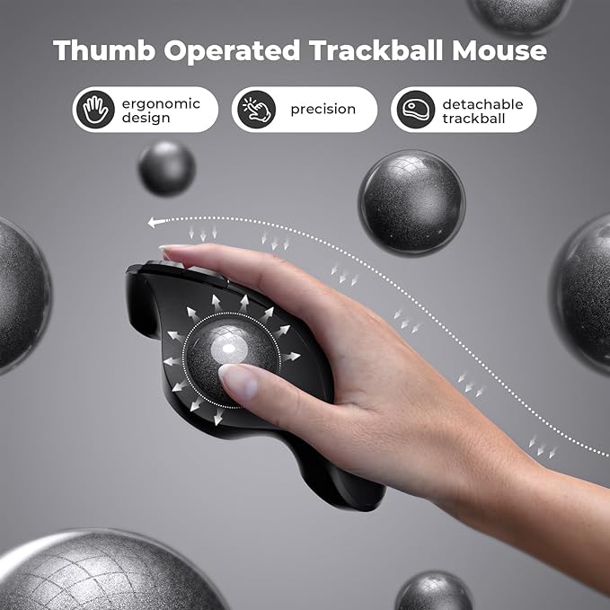 seenda Wireless Trackball Mouse, Bluetooth - Ergonomic Rollerball Mouse Rechargeable, 3 Device Connection Optical Mice Adjustable DPI Thumb Control Mice Compatible for Mac/Android/Windows-Black