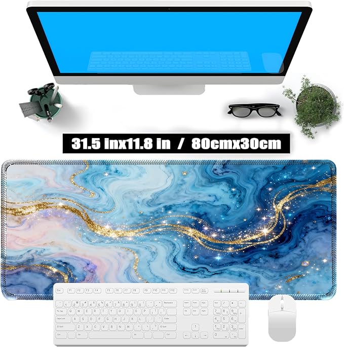 Blue Marble Mouse pad, Large Gold Micro-Woven Fabric Desk mat, with Sewn Edges, Anti-Slip Rubber Base, Suitable for Office Gaming laptops (31.5×11.8 inches)