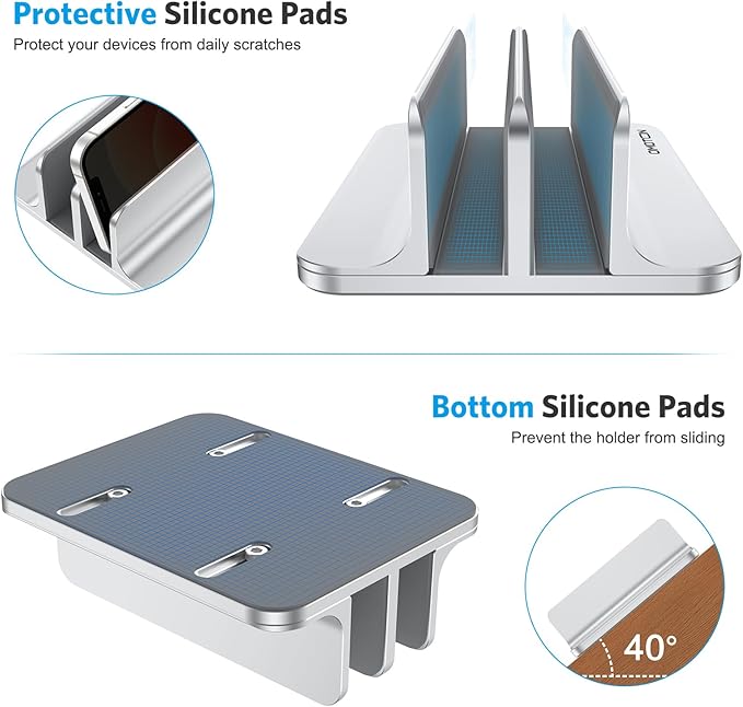 OMOTON [Updated Dock Version] Vertical Laptop Stand, Double Desktop Stand Holder with Adjustable Dock (Up to 17.3 inch), Fits All MacBook/Surface/Samsung/HP/Dell/Chrome Book (Silver)