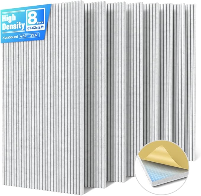 8 Pack Large Acoustic Panels Sound Absorbing with Self-Adhesive, 47.2”*23.6”*0.36” High Density Sound Proof Foam Panels for Walls, 3D Vertical Soundproof Wall Panels for Home Studio Office Decor-Gray