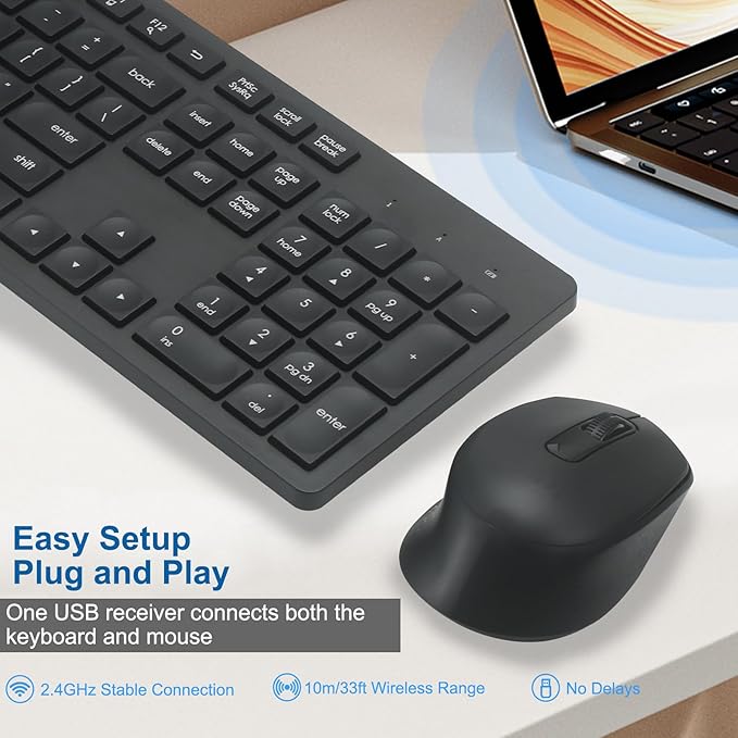 Wireless Keyboard and Mouse Combo, Quiet and Soft 2.4G Full Size Computer Keyboard and Ergonomic Wireless Mouse for Windows, Mac Desktop/Laptop/PC/PS, Black
