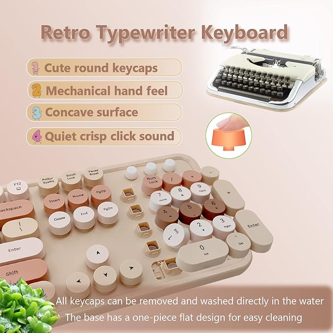Wireless Keyboard and Mouse Combo, Ergonomic Cute Retro Typewriter Full Size Colorful USB Cordless Keyboard Mouse Set for Gaming and Office (Milk Tea)