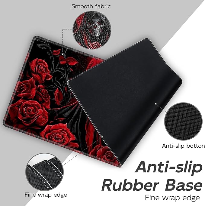 Gaming Mouse Pad Set, Red Rose Skull Large Desk Mat Mousepad, Keyboard Wrist Support, Mouse Wrist Rest, Coaster 4in1 Ergonomic Memory Foam, Non-Slip Stitched Edge for Home Office