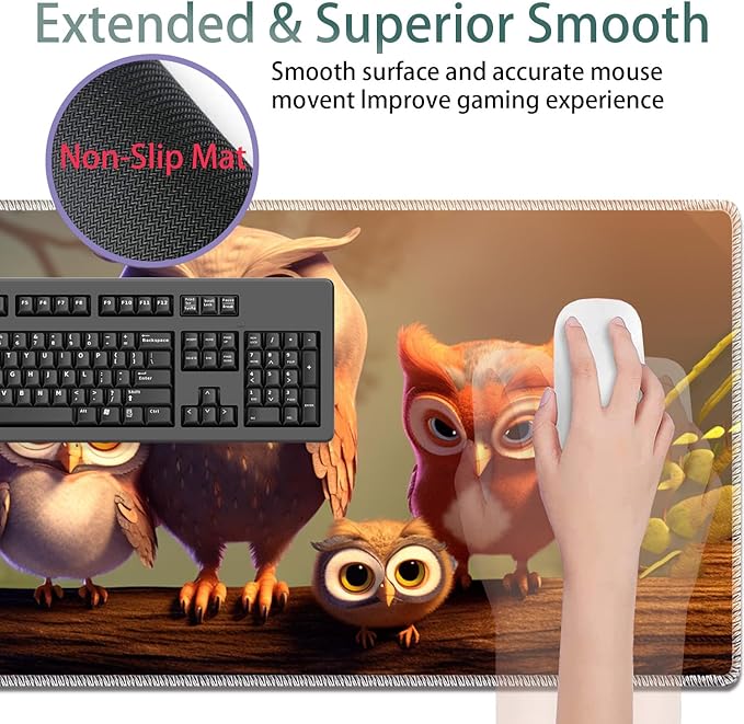 Large Gaming Mouse Pad + Keyboard Wrist Rest + Wrist Support + Coaster Set, Memory Foam Ergonomic for Easy Typing, XXL Extended Gaming Mouse Pad Table Pad - Cute Owl