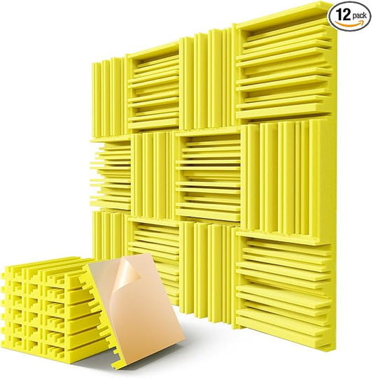 12 Pack Acoustic Foam Panels for Walls, 12" x 12" x 2" Soundproof Wall Panels, Self-Adhesive Soundproofing Padding, High Resilience Sound Absorbing Panels for Home Studios, Offices - Yellow