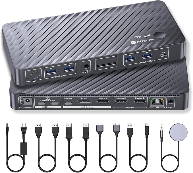 AV Access KVM Switch Docking Station for MacBook, USB-C KVM Switch 2 Monitors 2 Computers, 4K Dual HDMI Displays, 1 Laptop&1 Desktop Switching, Plug&Play, Ethernet, 100W Power Delivery, EDID Emulation