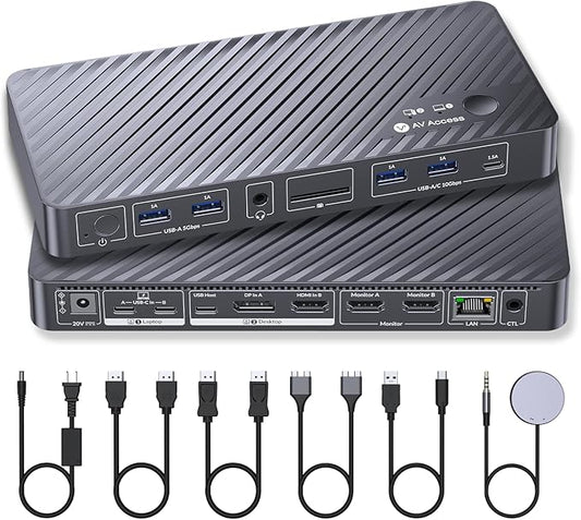 AV Access KVM Switch Docking Station for MacBook, USB-C KVM Switch 2 Monitors 2 Computers, 4K Dual HDMI Displays, 1 Laptop&1 Desktop Switching, Plug&Play, Ethernet, 100W Power Delivery, EDID Emulation