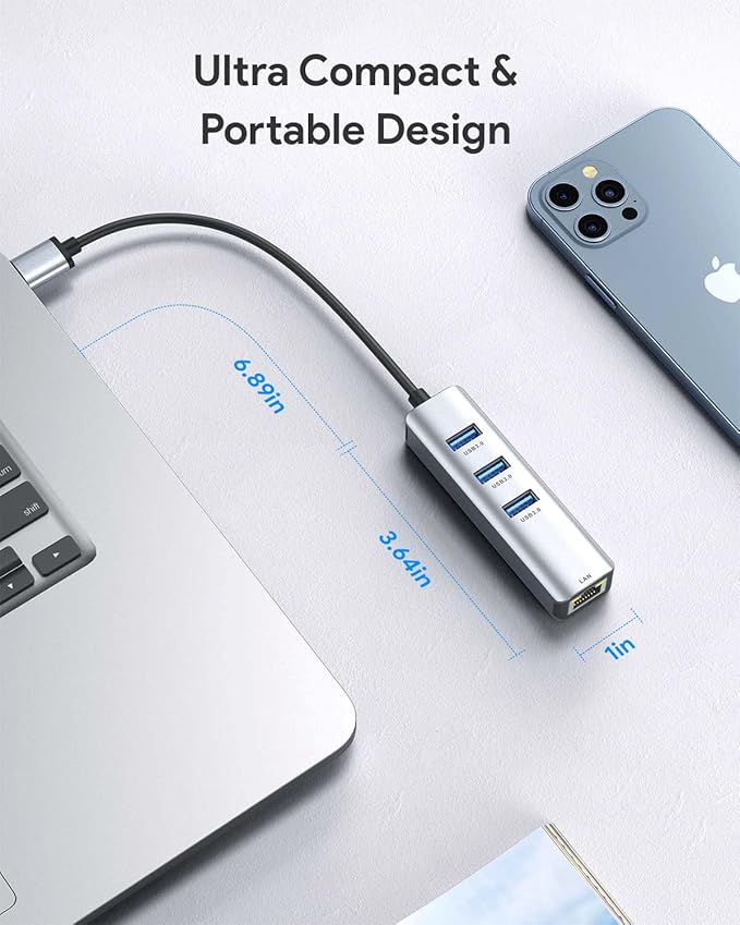 USB 3.0 to Ethernet Adapter,ABLEWE 3-Port USB 3.0 Hub with RJ45 10/100/1000 Gigabit Ethernet Adapter Support Windows 10,8.1,Mac OS, Surface Pro,Linux,Chromebook and More