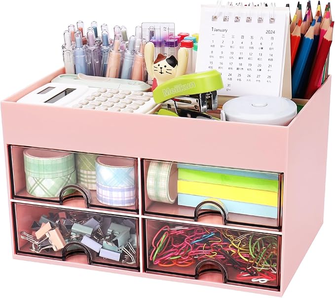 Desk Organizer, Office Organizer with Drawer, Desk Accessories & Workspace Organizers, Pen Holder Office Supplies for Desk (4 Drawers+4 Compartments, Pink)