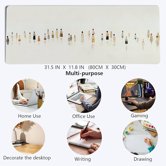 Beige Summer Beach Mouse Pad,XL Large Art Minimalist Abstract People Desk Mat,Aesthetic Calming Beach Crowd Desk Mat for Home Office Dorm Desktop Decor,31.5x11.8 Inch