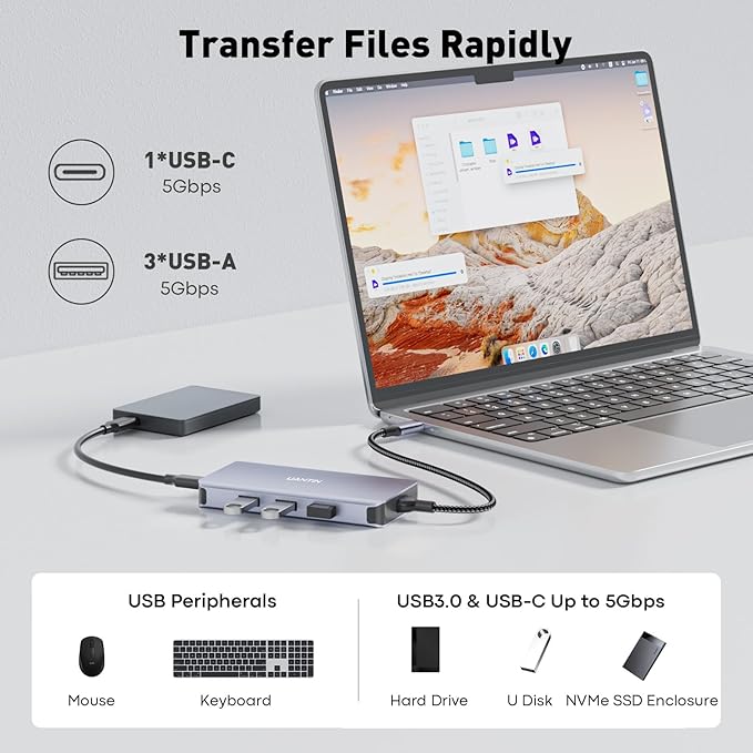 USB C Docking Station Dual Monitor Adapter for Laptop, 8-in-1 Docking Station for 3 Monitors, 4K@60Hz USB C Dock Dongle with 2 HDMI+DP, 5Gbps USB A & C, 100W PD, for MacBook, Dell, HP, Surface