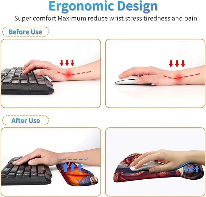 Ergonomic Mouse Pad with Wrist Support Gel Mouse Pads and Upgrade Keyboard Wrist Rest Pad Set, Coasters Non-Slip PU Base Mouse Mat for Office Gaming Computer Laptop Home, Red Dragon Books