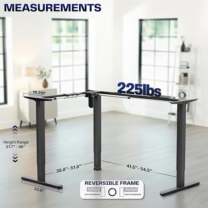 VIVO Space Efficient Electric Single Motor Height Adjustable 3-Leg Corner Standing Desk Frame, Holds up to 225 lbs, Sit Stand L-Shaped Motorized Legs Only, Black, DESK-E347B