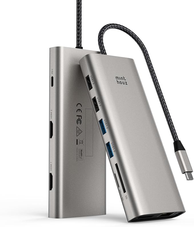 USB C Docking Station Dual Monitor, Minthouz Docking Station 3 Monitors with 2 HDMI,DisplayPort, PD Charging,Ethernet,5 USB,SD/TF Card Reader,Audio for MacBook, Dell, HP, Lenovo, Surface