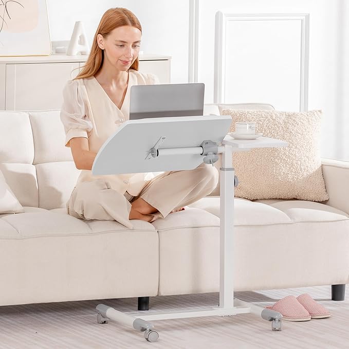 GTPLAYER Mobile Small Standing Desk, Tiltable Sit Stand Portable Rolling Laptop Desk with Lockable Wheels, Adjustable Height Overbed Bedside Table Computer Workstations, White