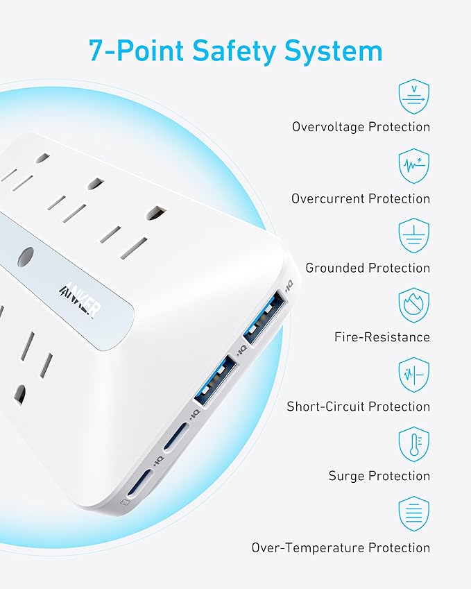 Anker Outlet Extender, Power Strip with 300J Surge Protector, 10-in-1 with 6 AC, 2 USB A, 2 USB C Ports, Wide-Spaces Outlets and 20W Fast Charging, Dorm Room Essentials