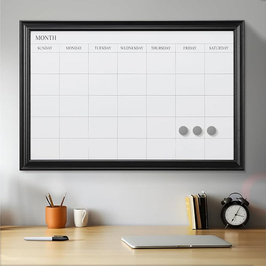 Navaris Framed Calendar Whiteboard for Wall - 29.5" x 19.7" Magnetic Dry Erase Monthly Planner - White Board with Frame - Includes Magnets and Marker