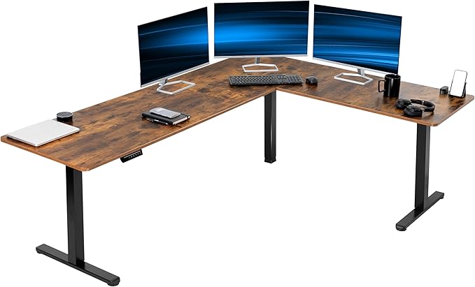 VIVO Corner Standing Desk, 84 x 63 inch Reversible L-Shaped Workstation, Electric Height Adjustment, Home, Office, and Reception Rooms, Rustic Vintage Brown Table Top Black Frame, DESK-E3CTBN-84