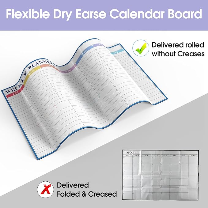 MaxGear Weekly Dry Erase Calendar for Wall, Self-Adhesive Wall Calendar White Board with 4 Dry Erase Markers, 1 Eraser, 4 Magnets, 1 Marker Holder for Office Home School