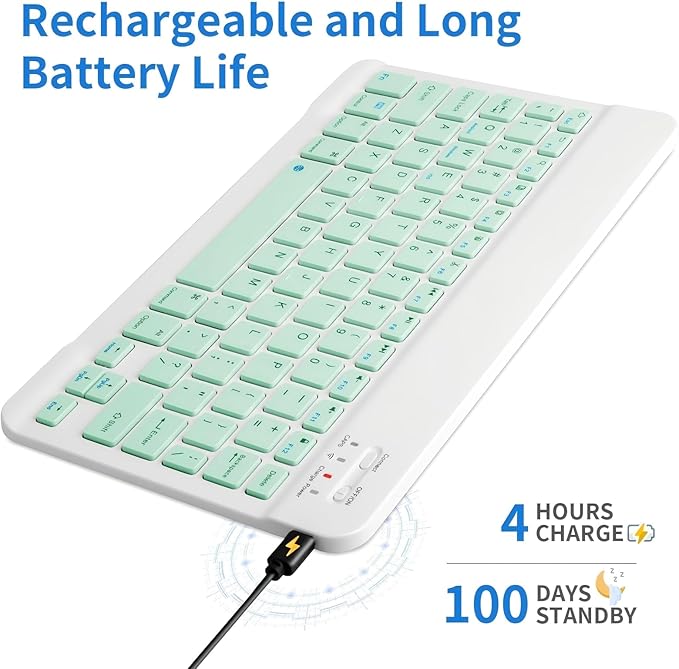 Slim Mini Wireless Portable Bluetooth Rechargeable Keyboard for Apple iPad iPhone Samsung Tablet Phone Smartphone Fire HD 10 Max 11 iPadOS iOS Android (10 Inch Green)