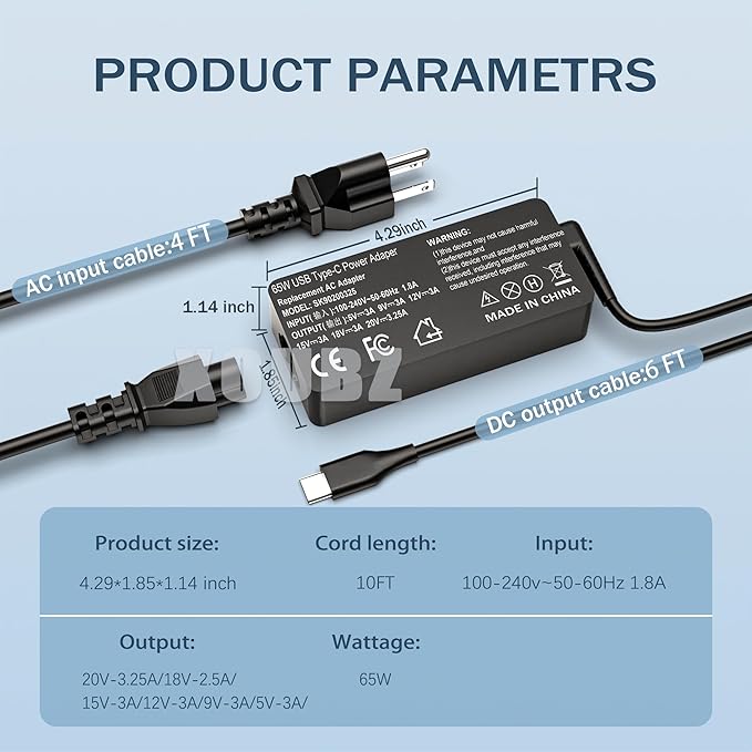 XOUBZ 65W USB C Laptop Charger Compatible with Lenovo ThinkPad Yoga Chomebook and More USB Type C Power Adapter