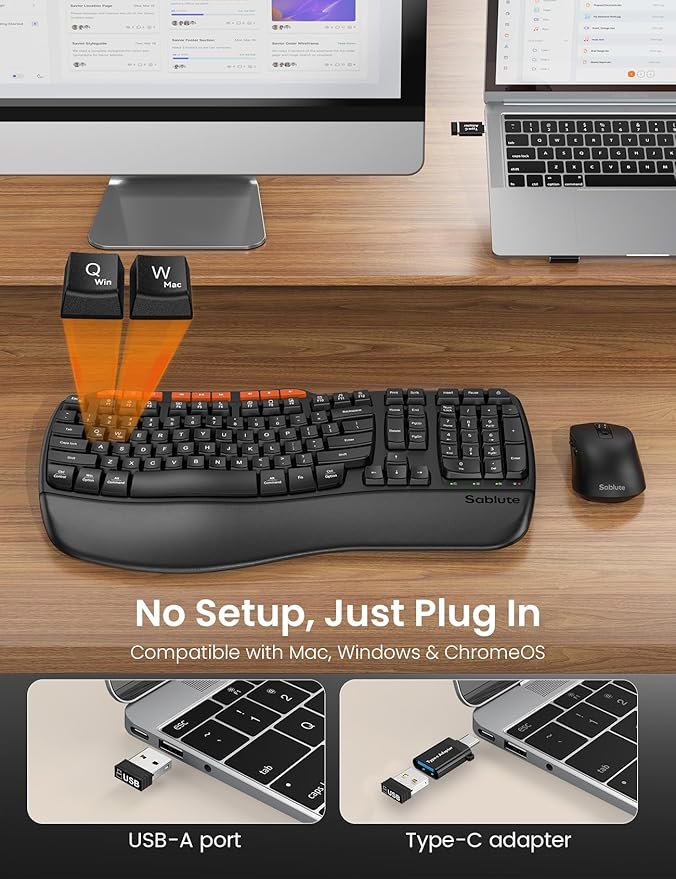 Ergonomic Wireless Keyboard and Mouse Combo, 2.4G Full Size Wave Key Board with Cushioned Palm Rest, Natural Typing, 3 DPI Adjustable Mouse, USB-A & C for Computer/Laptop/Mac/Tablet - Sablute MA31