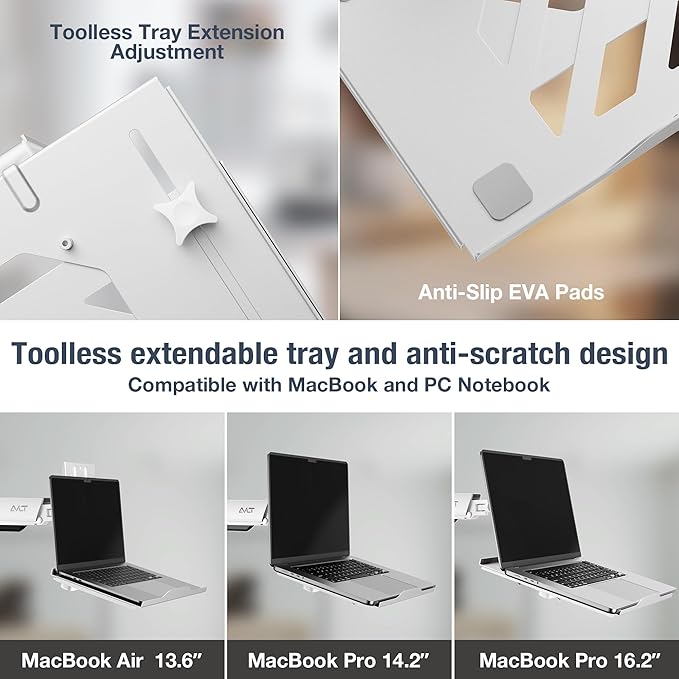 AVLT Adjustable Laptop Tray with Support for 120mm Fan Compatible with VESA 75x75 Monitor Arm - Fits Up to 17 Inch Laptop - White (Fan Not Included)