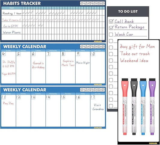 HOMiDEK Dry Erase Whiteboard for Fridge - Magnetic White Board for Refrigerator - 2 Sheets of Weekly Calenders, Monthly Habit Tracker, Memo Pad, to Do List and 4 Markers - 4" x 10"