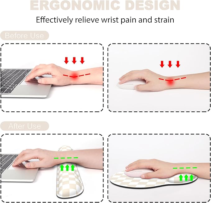 Ergonomic Mouse Pad with Wrist Rest and Keyboard Wrist Rest, Mousepad and Keyboard Pad, Non-Slip Rubber Base, Pain Relief, Mouse Pad with Wrist Support for Gaming, Computer, Office, Beige Checkered
