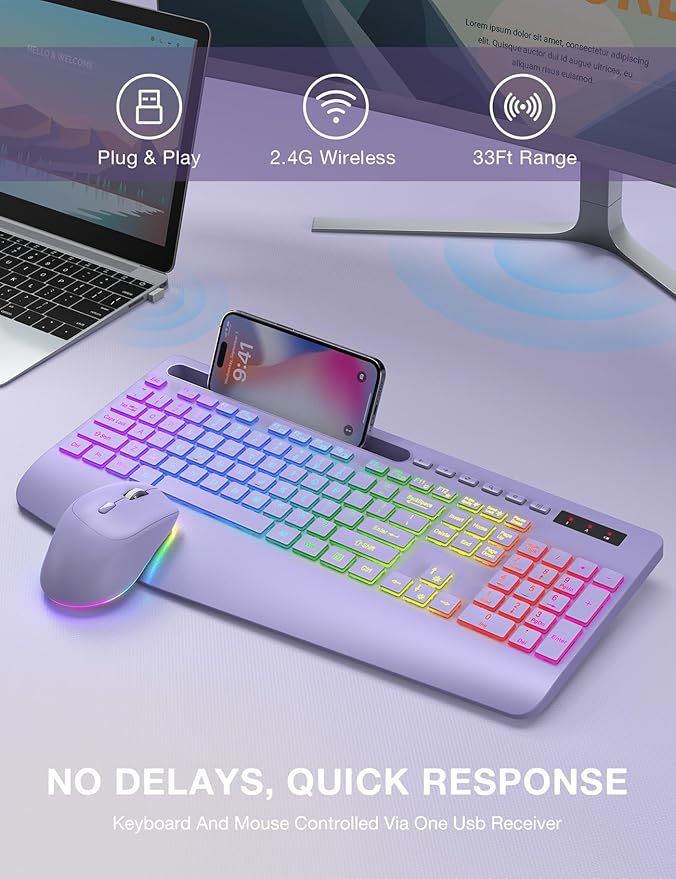 SABLUTE Wireless Keyboard and Mouse Combo, 9 Backlit Effects, Wrist Rest, Phone Holder, 2.4G Lag-Free Ergonomic Keyboards, KM22 MAX Rechargeable Silent Set for Computer, Laptop, Mac, Windows（Purple）