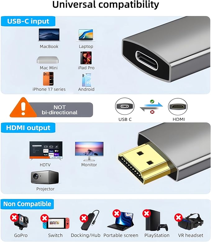 USB C Female to HDMI Male Adapter with USB Video Cable, 4K@60Hz Uni-Directional USB Type C Source to HDMI 2.0 Display Converter Thunderbolt 3/4 to HDM-I for i-/Phone 17 MacBok Pro/Air, Galaxy - 1 Pack
