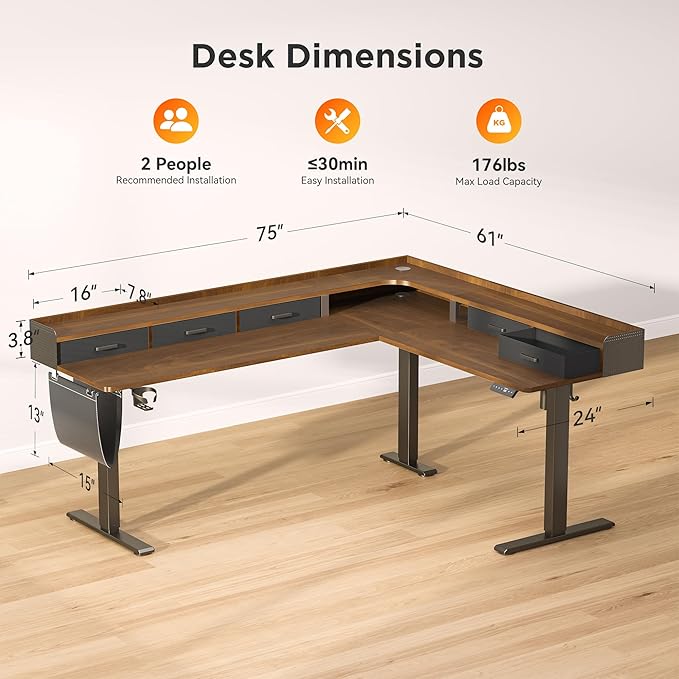 75 Inches Height Adjustable L Shaped Standing Desk with 5 Drawers and Monitor Shelf, Electric Sit to Stand Home Office Comupter Table, Ergonomic Corner Gaming Desk, Black Walnut