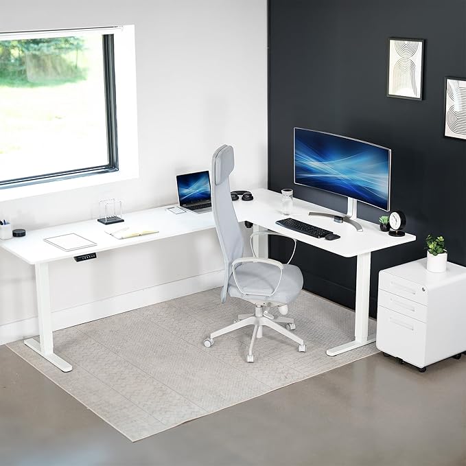 VIVO Corner Standing Desk, 84 x 63 inch Reversible L-Shaped Workstation, Electric Height Adjustment, Home, Office, and Reception Rooms, White Table Top White Frame, DESK-E3CTWW-84