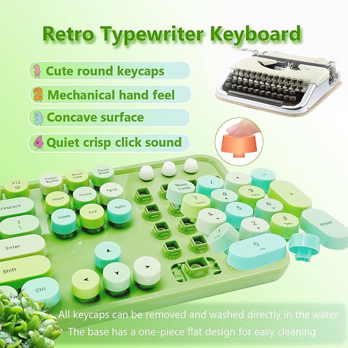 Wireless Keyboard and Mouse Combo, Ergonomic Cute Retro Typewriter Full Size Colorful USB Cordless Keyboard Mouse Set for Gaming and Office (Green)