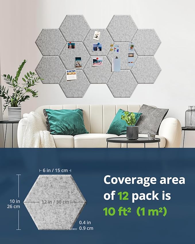 12 Pack Acoustic Panels Sound Absorbing, Self Adhesive Sound Proof Panels, Hexagon High Density Sound Deadening Panels, 12"X10"X0.4" Wall Decor for Bedroom,Home,Studio,Office(Gray)