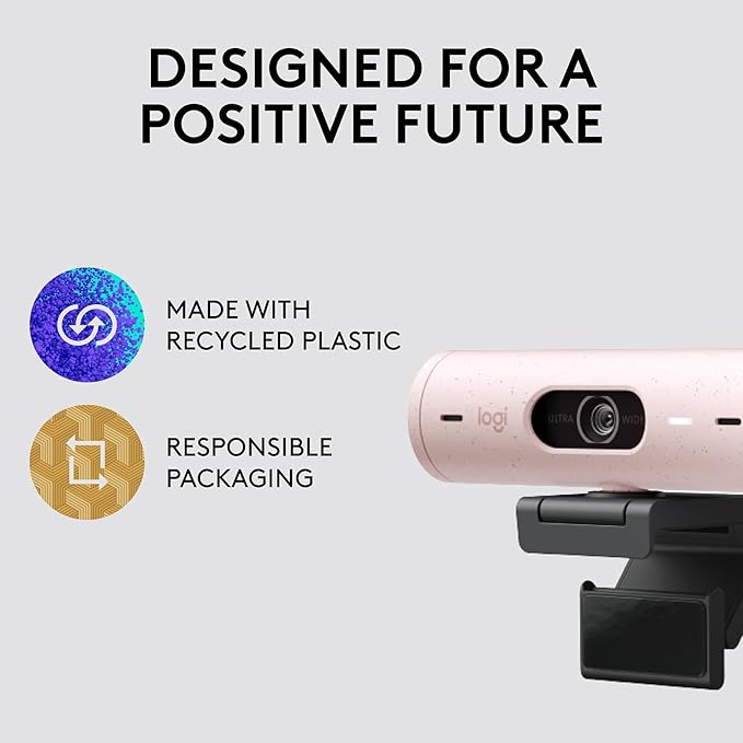 Logitech Brio 500 Full HD 1080p Webcam with Auto Light Correction, Dual Noise Reduction Mics, Privacy Cover, Works with Teams, Meet, Zoom - Rose