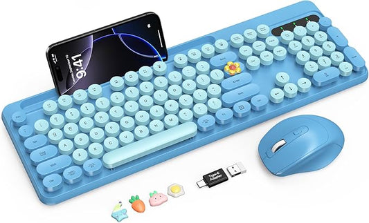 Wireless Keyboard and Mouse Combo, Retro Round Keycaps, Full-Size Stylish Typewriter Keyboard with Phone/Tablet Holder, Ergonomic Mouse with 3-Level DPI, 2.4GHz Connection for Windows/PC (Sky Blue)
