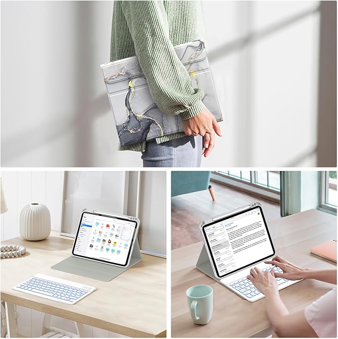 Soke for iPad (A16) 11th/10th Generation Case with Keyboard(2025/2022)-7 Color Backlight Wireless Detachable Folio Keyboard Cover with Built-in Pencil Holder for iPad 11/10.9 inch, Grey Marble
