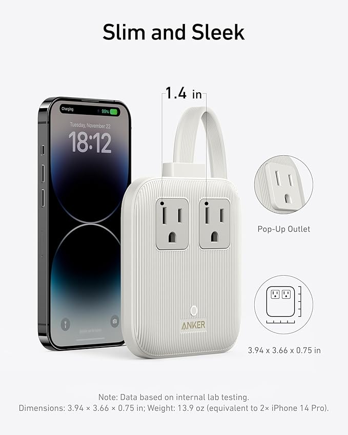 Anker Travel Power Strip, Anker Nano 67W Max 6-in-1 USB C Charger, 2 AC, 2 USB A and 2 USB C, 5ft Thin Undetachable Flat Plug Extension Cord with Multiple Outlets, Travel Essentials, Cruise Essentials