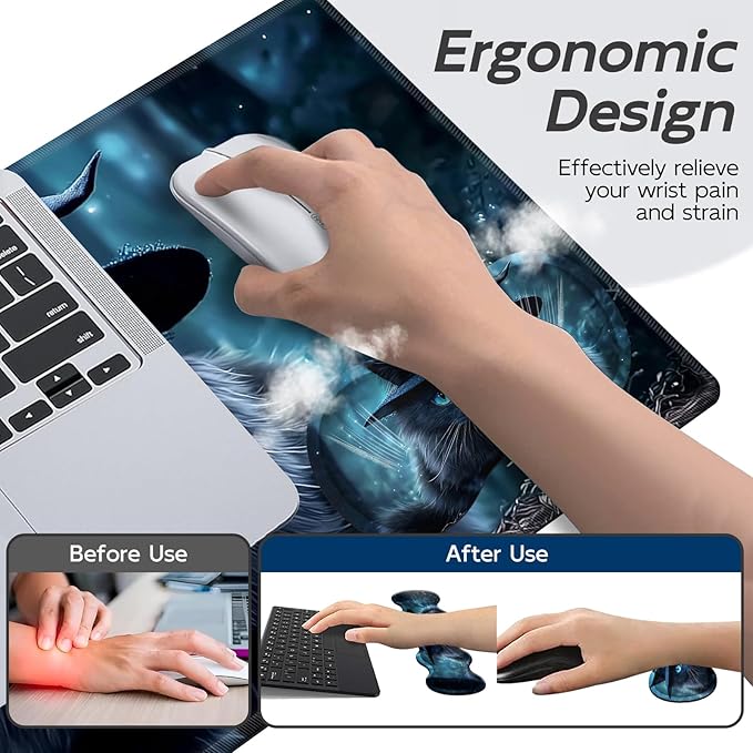 Gaming Mouse Pad Set, Black Cat Wearing Hat Large Desk Mat Mousepad, Keyboard Wrist Support, Mouse Wrist Rest, Coaster 4in1 Ergonomic Memory Foam, Non-Slip Stitched Edge for Home Office
