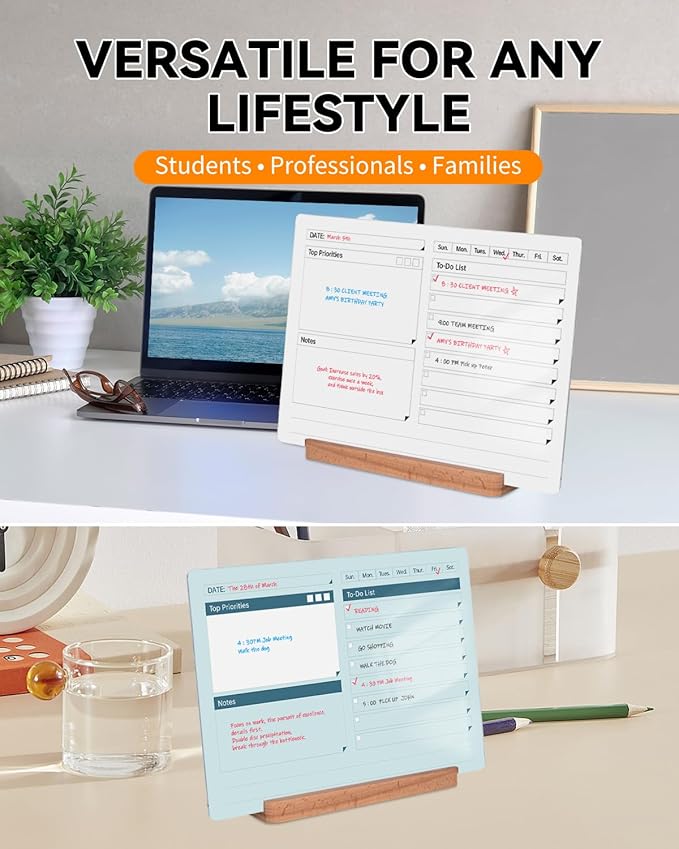 Acrylic Dry Erase to-Do List Board with Solid Wood Base, 9x13 Desktop Whiteboard Planner, Task Organizer for Office/Home/School, Includes 3 Dry Erase Markers (Pink)
