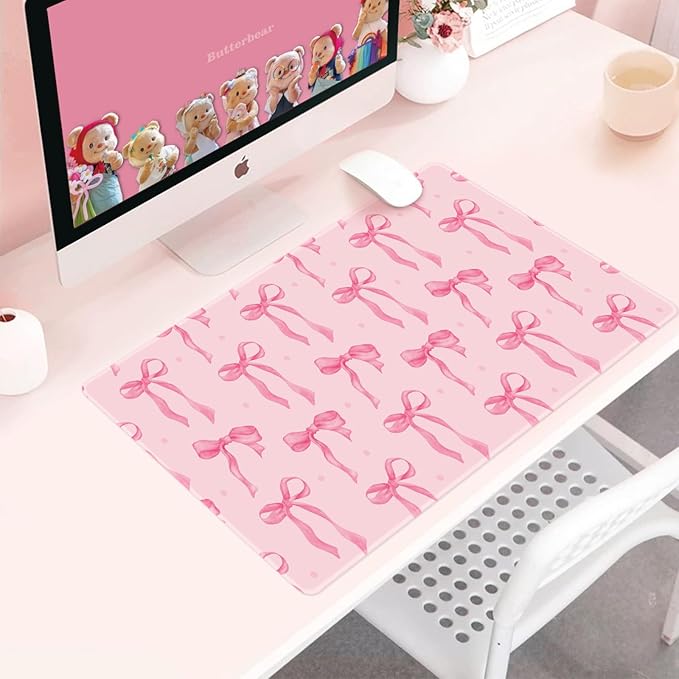 Pink Desk Mat with Bows, Cute Bow Mouse Pad for Computer Laptop Non-Slip Rubber Base Gaming Keyboard Pad, Large Office Mat Girly Office Supplies Desktop Accessories for Teen Girls Women 23.6 x 11.8in