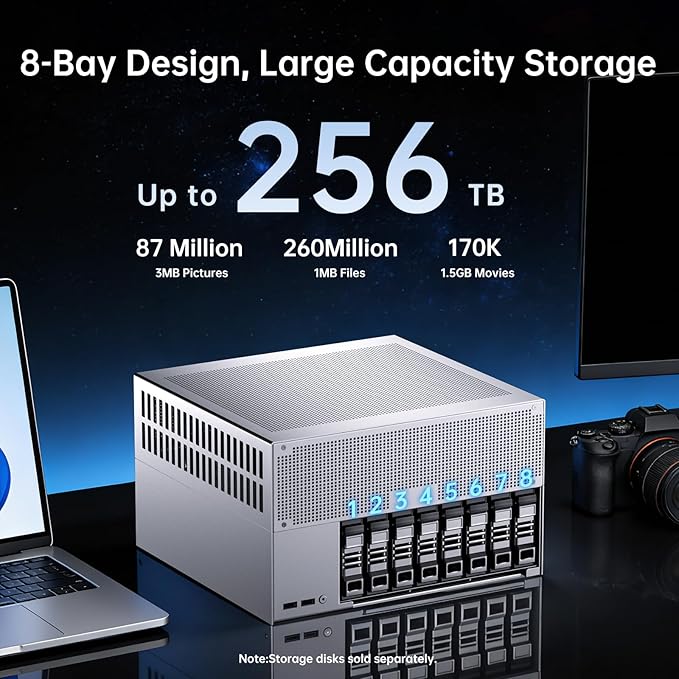 MSECORE 8 Bay Desktop NAS with Double M.2 PCIe4.0 SSD Slots, Ultra 285H (16 Cores, Max 5.4 GHz) 32G LPDDR5 8400 MT/s, 2 * 10Gbps LAN, Four Display (1* HD, 1* DP, 2* USBC) (Diskless)