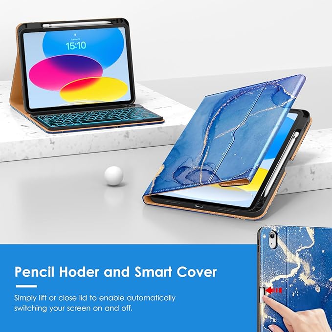 VIKESI Keyboard Case for iPad (A16,2025) 11th Generation/iPad 10th Generation Case (10.9" 2022),Premium Leather Smart Cover,Built-in Breathing Light,Function Row,Pencil Holder,Card Slots -Ocean Marble