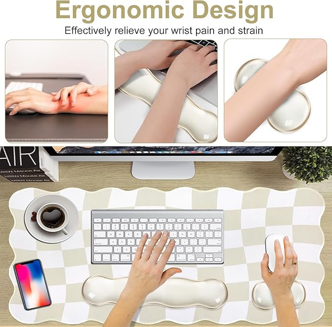 L-SPOUTTO Beige Checkered Mouse Pad Set,Scalloped XXL Desk Mat + Ergonomic Mouse Wrist Rest + Gel Keyboard Wrist Rest for Keyboard 65%/75%,3in1 Large Desk Pad for Desktop Home Office Computer Game