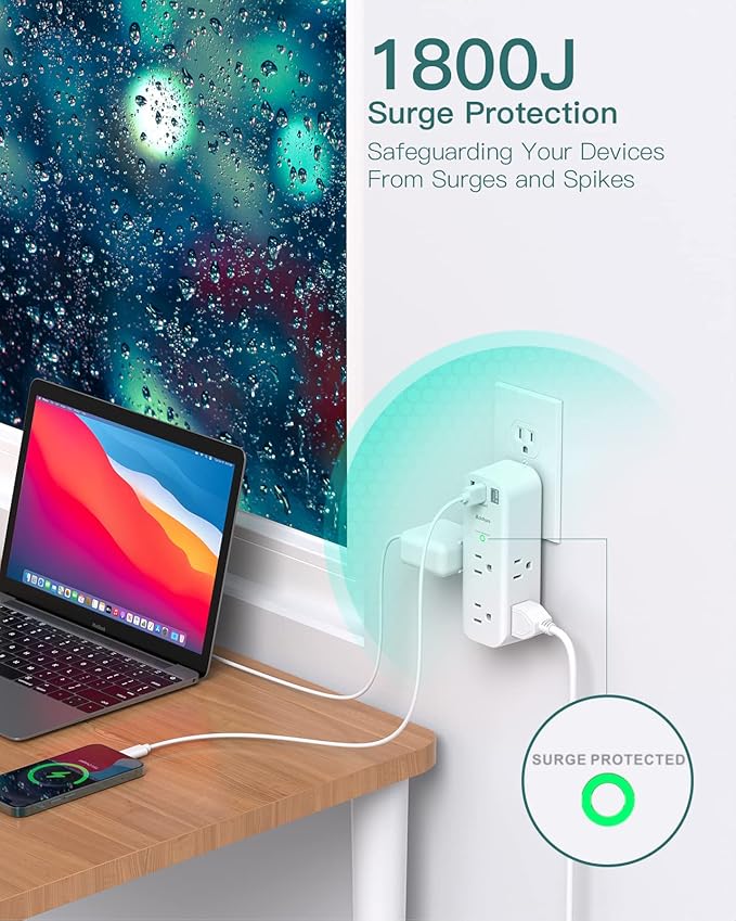 Surge Protector - Outlet Extender with Rotating and Multi Plug with 6 AC 3 USB Ports (1 USB C), 3-Sided Power Strip with Wall Adapter Charger for Home Travel Office, ETL Listed (1800J)